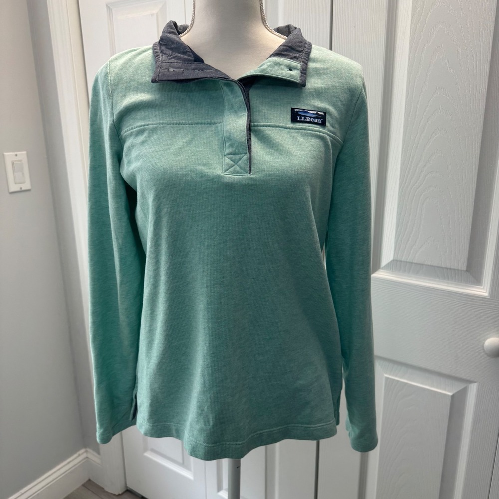 LL Bean Womens Small Mint Green Heathered Pullover Long Sleeve Button Top